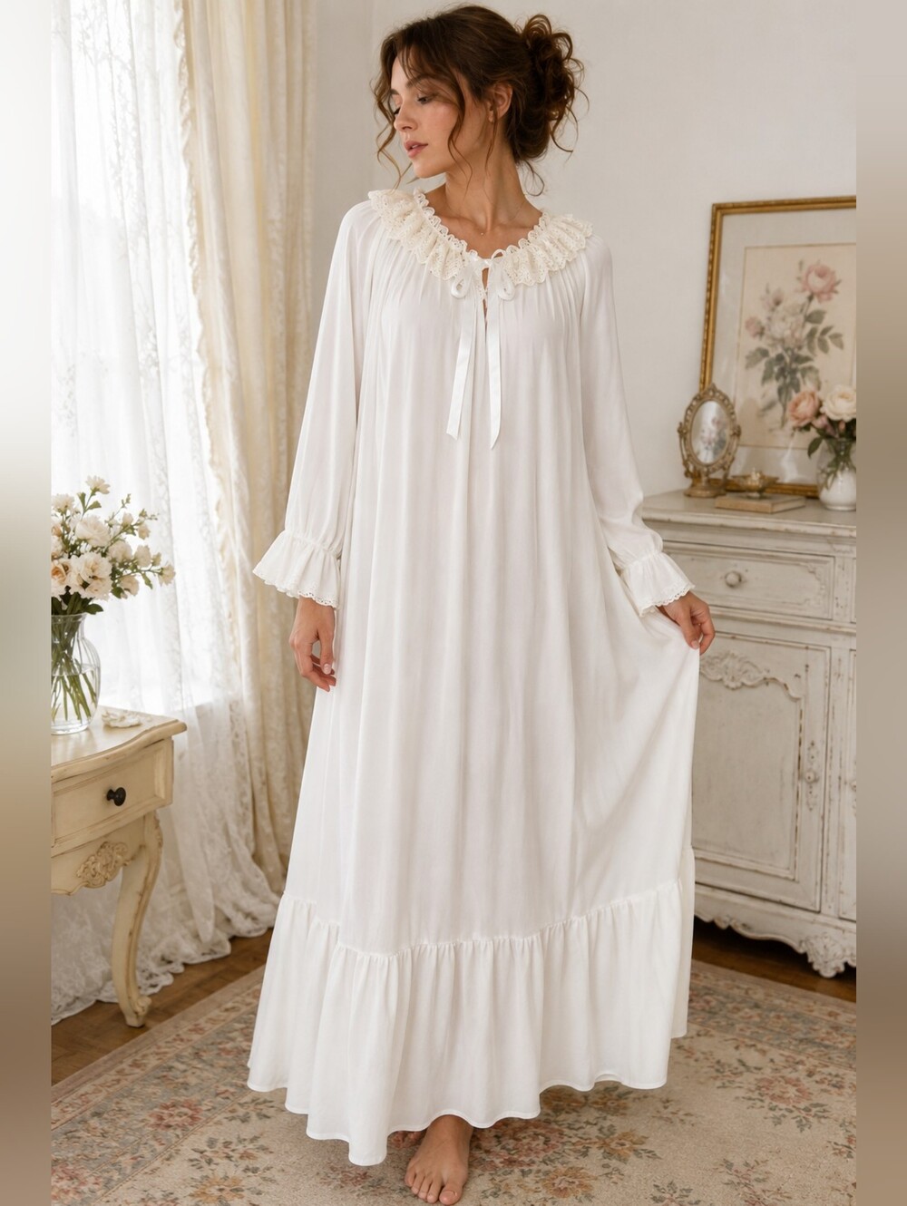 White Lace Trim Housecoat Nightgown Romantic Cottagecore Maxi Gown Sz S